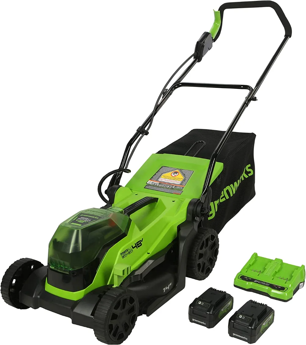 

Greenworks 2 x 24V (48V) 14" Brushless Cordless Lawn Mower, (2) 4.0Ah USB Batteries(USB Hub)and Dual Port Rapid Charger Included