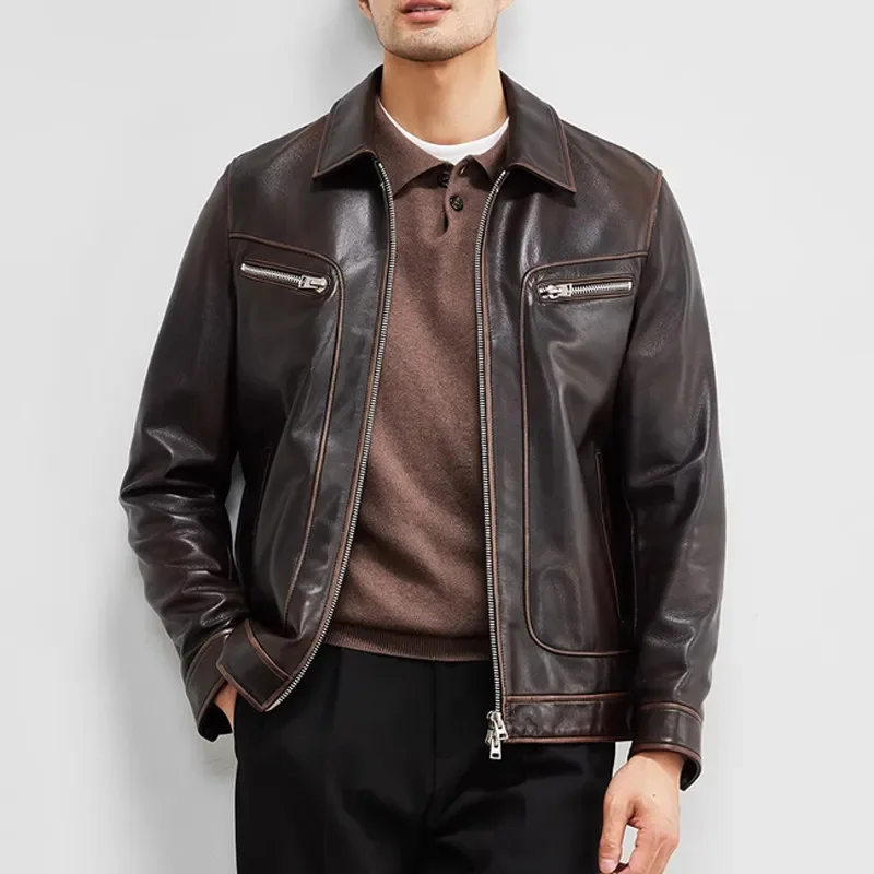 

Мужская потертая куртка из овечьей шкуры в стиле ретро, корейское высококлассное Укороченное пальто из натуральной кожи, повседневная локомотивная куртка, 2023