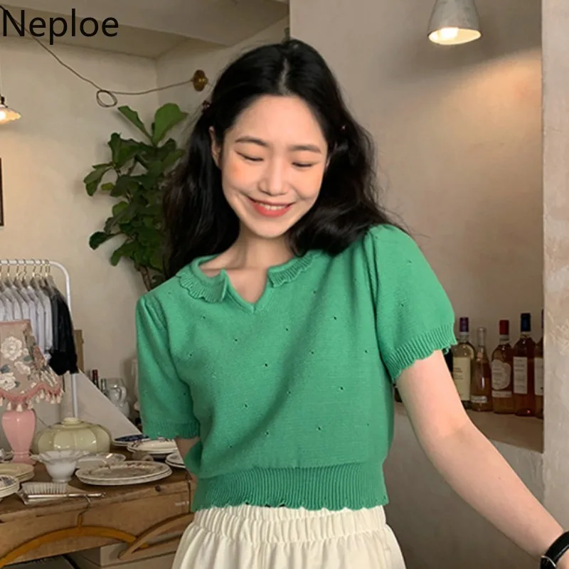 Модные женские футболки Neploe винтажный вязаный укороченный свитер топы корейские