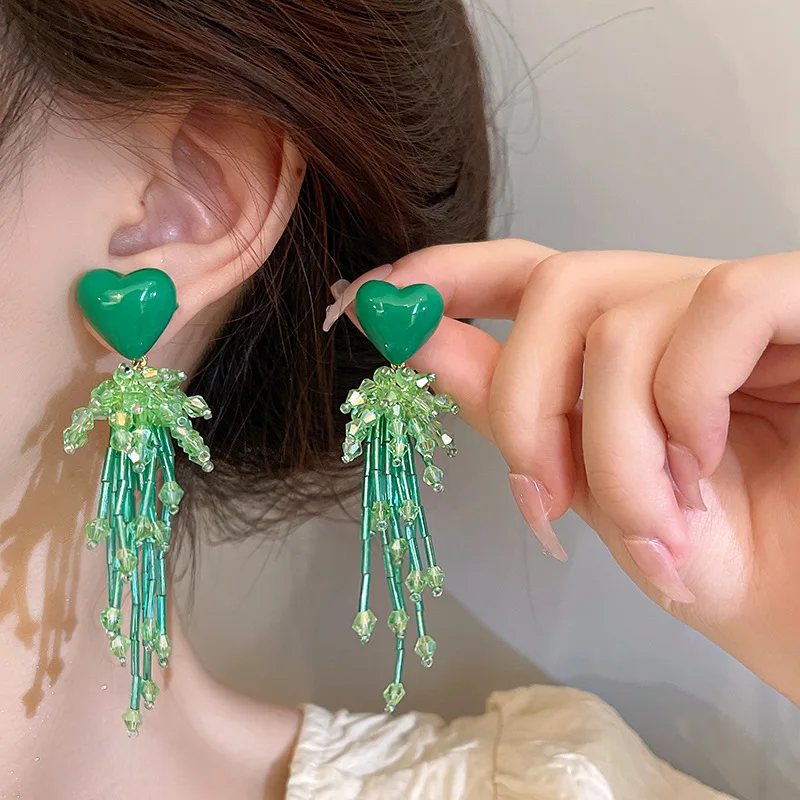 

Green Crystal Heart Long Tassel Earring Chic Romantic Cute Summer Silver Needle Charm Korean Fashion Jewelry for Women Wholesale