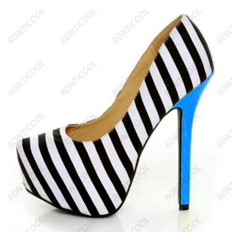 Ronticool New Fashion Women Platform Pumps Sexy Stripped Stiletto Heels Round Toe Elegant Black Party Shoes US Plus Size 5-20