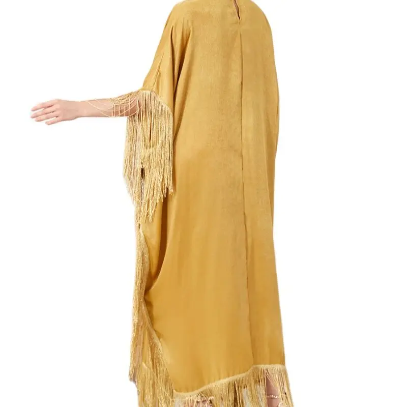 Fringe Kaftan Moroccan Batwing Caftan for Women Soft Satin Patchwork Scarf Batwing Muslim Long Dress Dubai Turkish Modest Abayas