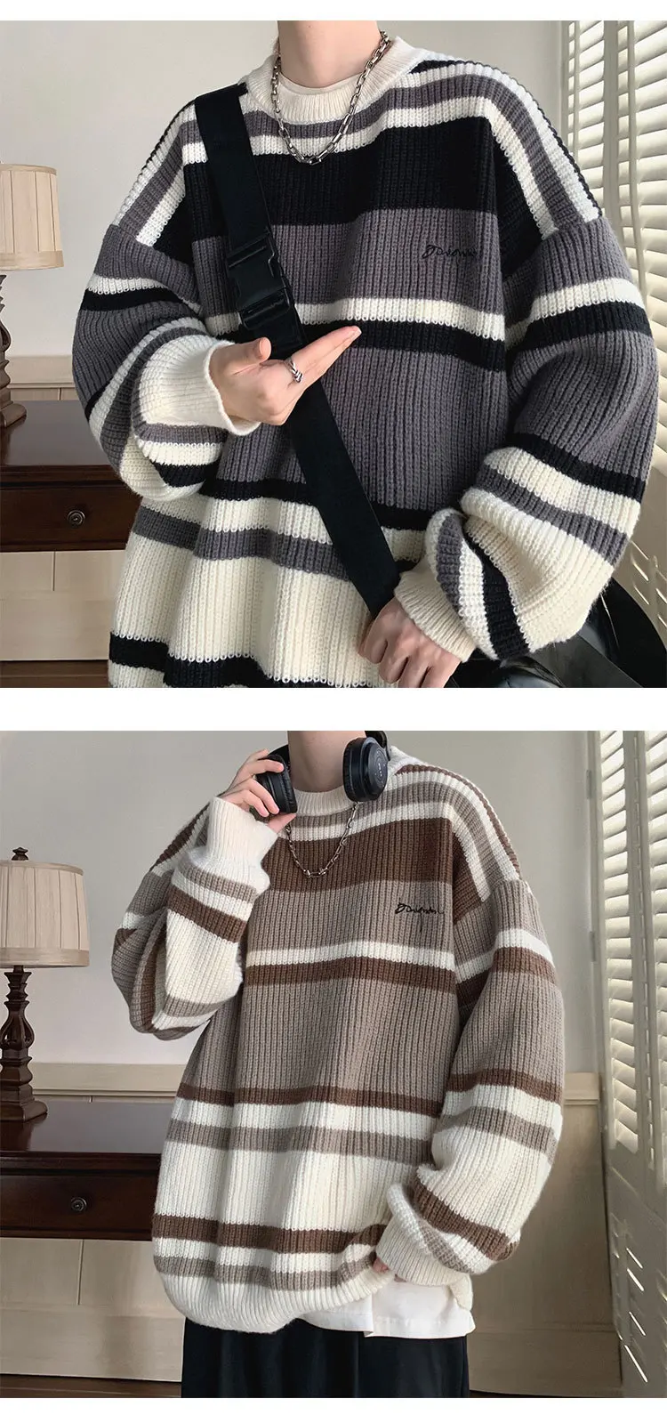 Sweater men's vintage stripe contrast undershirt line sweater autumn and winter thick trendy brand loose knitwear jacket