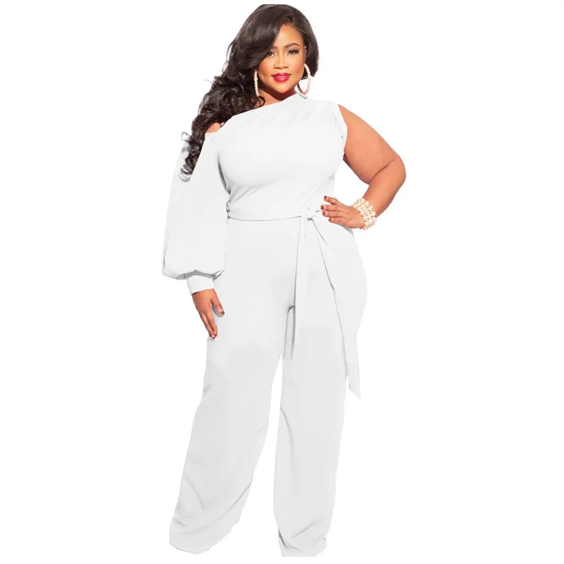 

Plus Size Wide Leg Jumpsuit Women 2022 Solid Casual One Shoulder Sleeve Work Pant Jumpsuits Women