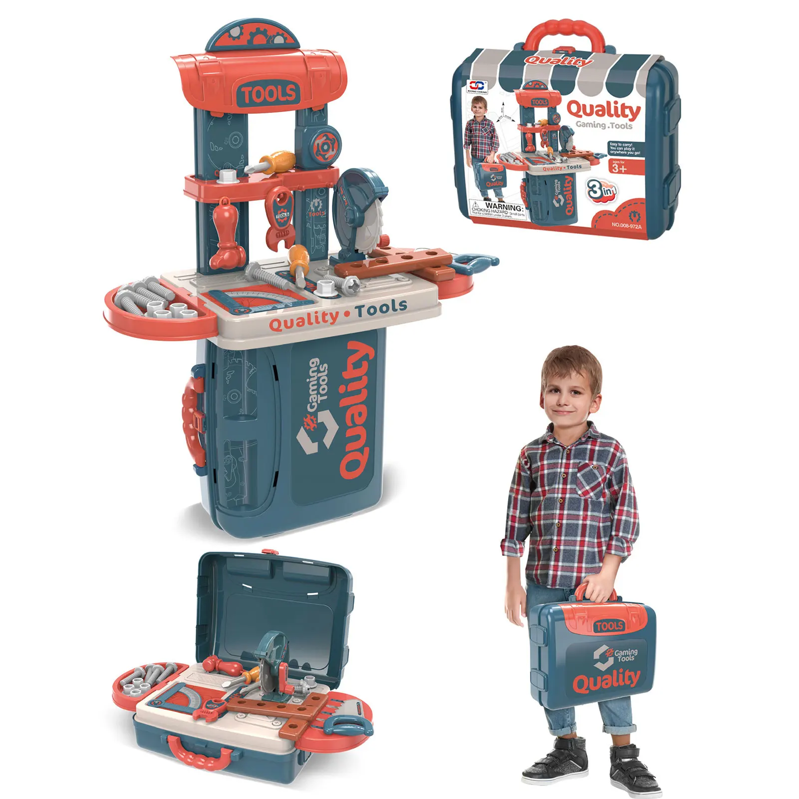 

3 In 1 Tooltable Kit Kids Early Construction Learning Tool Portable Work Bench Toy Set With Hammer Vise Wrench Saw Screwdriver