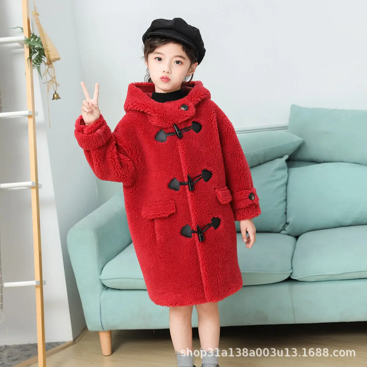 

Однотонная шерстяная одежда для девочек, зимние плотные пальто из овечьей шерсти, свободное однобортное пальто с капюшоном для девочек, Пов...