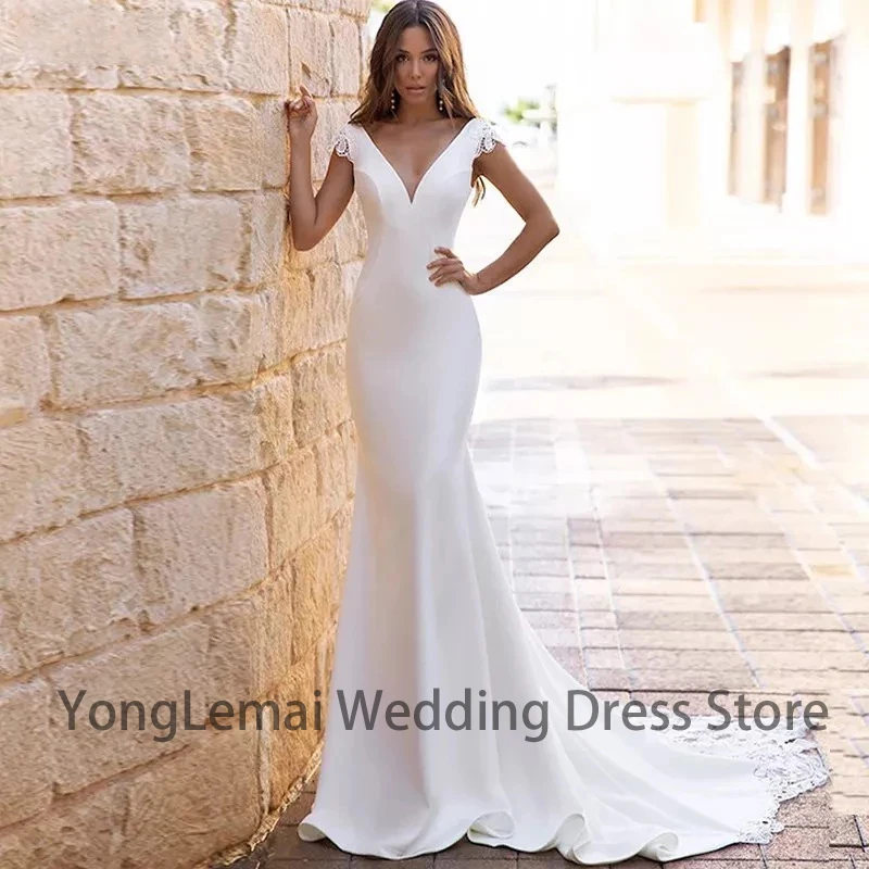 

Robe Mariage Lace Long Train Bridal Gown For Women Sexy Open Back Vintage V-Neck Cap Sleeve Mermaid Wedding Dresses Vestidos2023