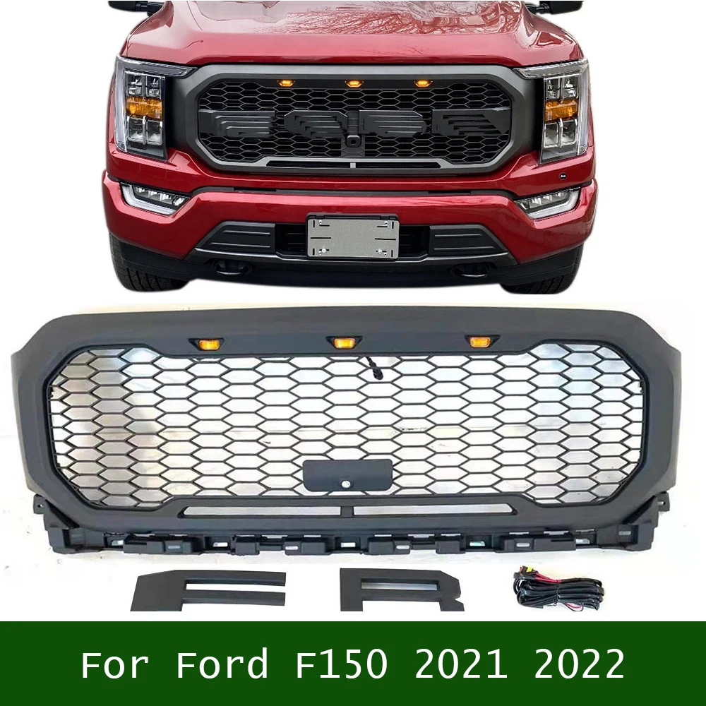 

For Ford F150 2021 2022 Auto Part ABS Matte Black Raptor Style Front Grille Bumper Racing Grills Wiht Amber LED Light Fit