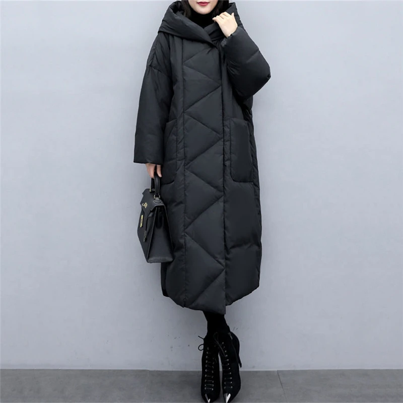 black Parkas X-long Large Coat Korean Style Loose Over Knee Women's Padded Jacket Women Thicken Parka Down Jackets Cotton Coats