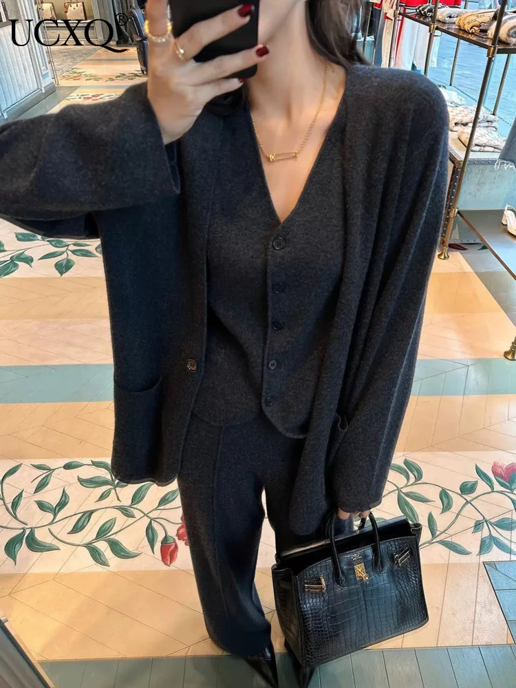 UCXQ модные повседневные комплекты в Корейском стиле Однотонный свитер кардиган