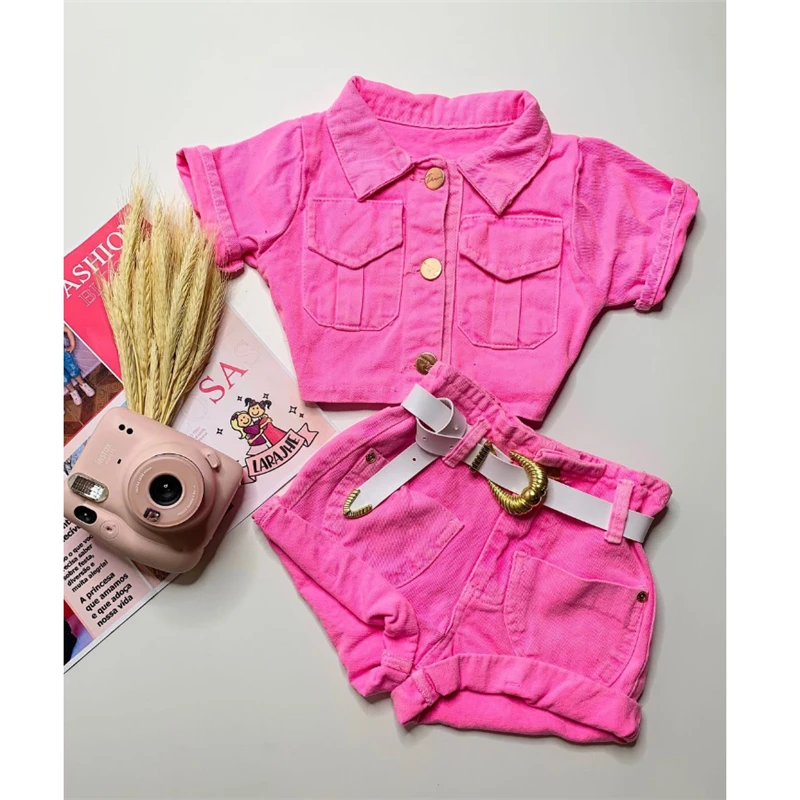 

2-7Y Fashion Summer Kids Girls Clothes Sets Solid Short Sleeve Button Cardigan Tops+Elastic Shorts Sport Casual Tracksuits