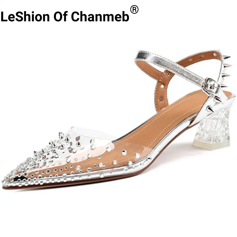 Leshion Of Chanmeb Punk Studded Women Clear Sandals Transparent Heels Ankle Strap Buckle Crystal Embellish Rhinestone Shoes Lady