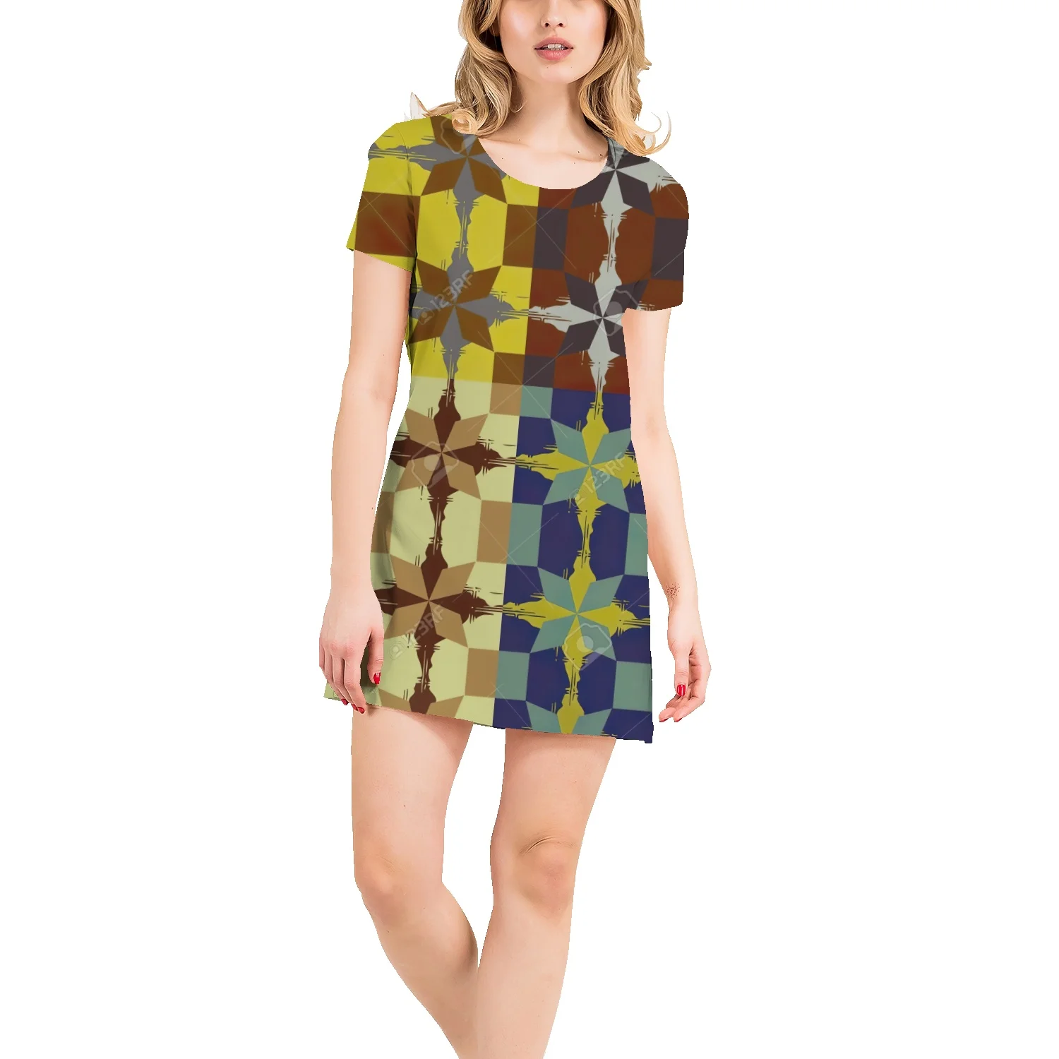 

European street fashion summer new women top skirt printing O-neck short-sleeved T-shirt skirt geometric plaid dress