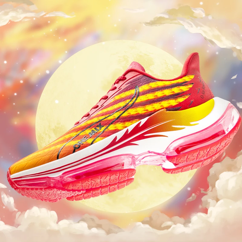 ONEMIX Fire Red Color Man Running Shoes Air Cushion Athletic Couple Trainers Sport Runner Shoes Outdoor Women Walking Sneakers