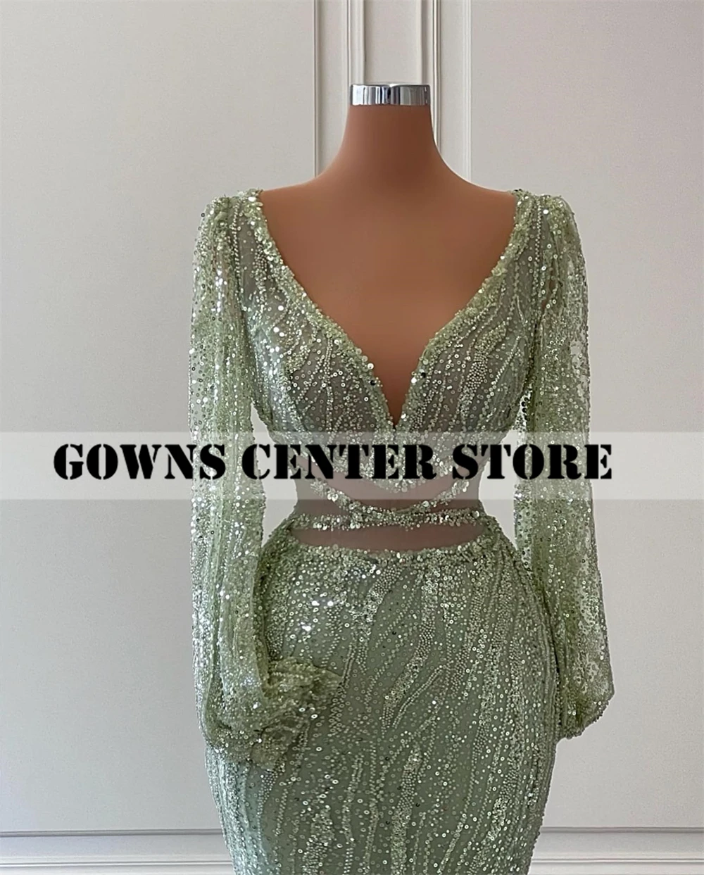 Sparkly Long Sleeve Prom Dresses 2022 Luxury Gowns Mermaid Formal Dress Women Elegant V Neck Wedding Party Gowns Beaded abandkle