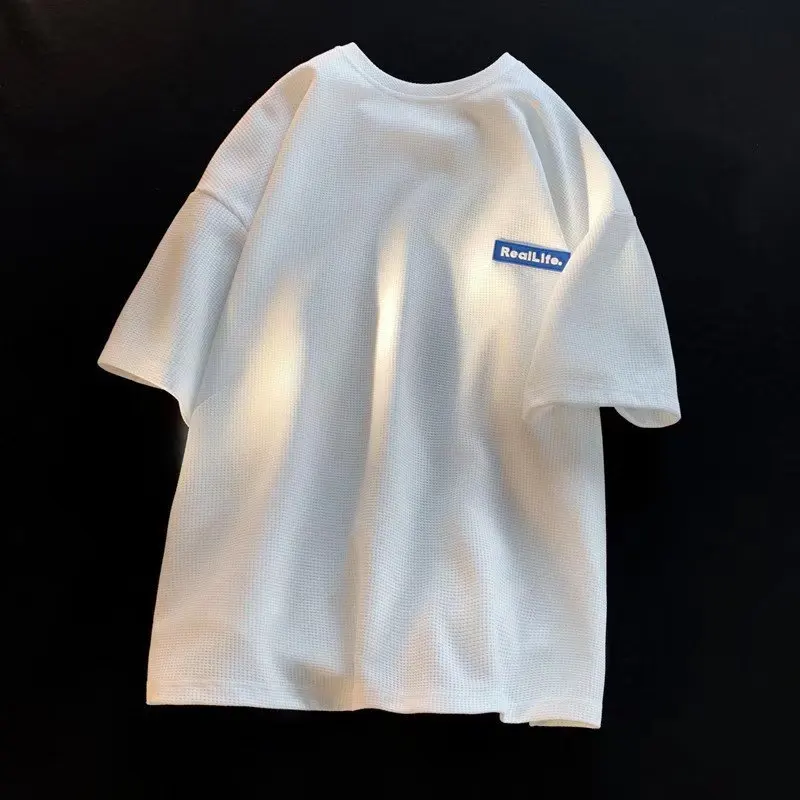 

New Short-sleeved T-shirt Summer Trend Simple Half-sleeved Top Hong Kong Style Loose Casual Tide Brand Waffle