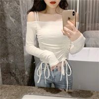 spring summer new lace up drawstring with navel exposed one line collar with shoulder exposed short slim t shirt women tshirt