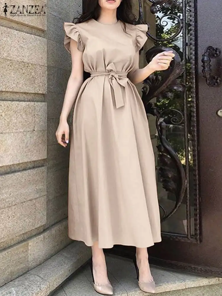 Women Elegant Ruffles Sleeve Maxi Dress ZANZEA Casual Round Neck Belted Daily Long Robes Holiday Fashion Solid Color Party Dress