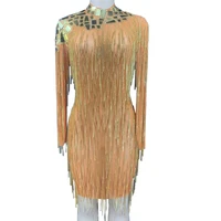 sparkling rhinestones fringe sequins dresses shiny costume for women long sleeve party evening performance costume stage wear