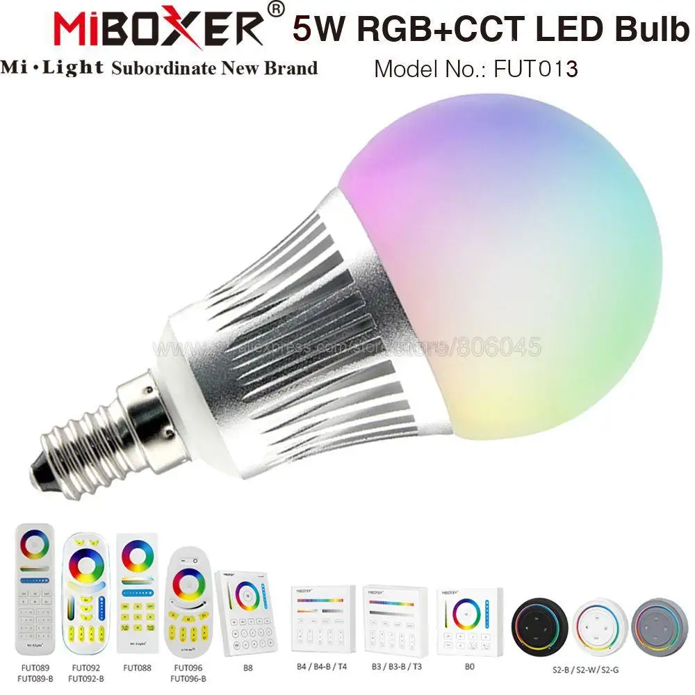 Miboxer FUT013 AC100-240V E14 2 4G RF TUYA Smart 5 Вт RGB + CCT Цветовая температура/яркость Регулируемое