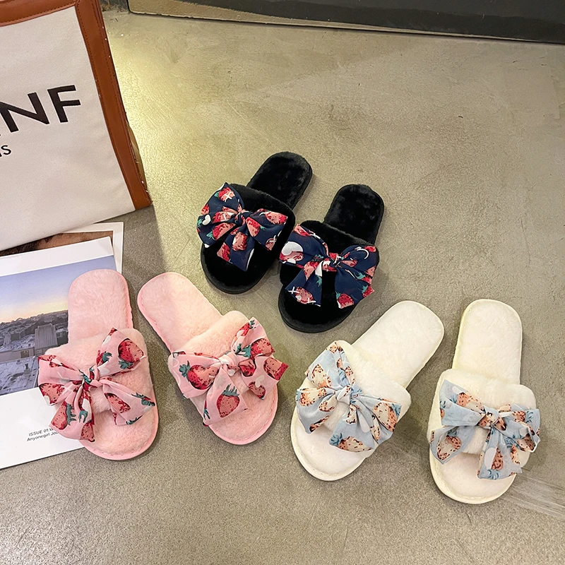 Fairy Bow Cotton Slippers Women 2021 New Spring and Autumn Outer Wear One-on-one Fashion Plush Slippers Women's Shoes