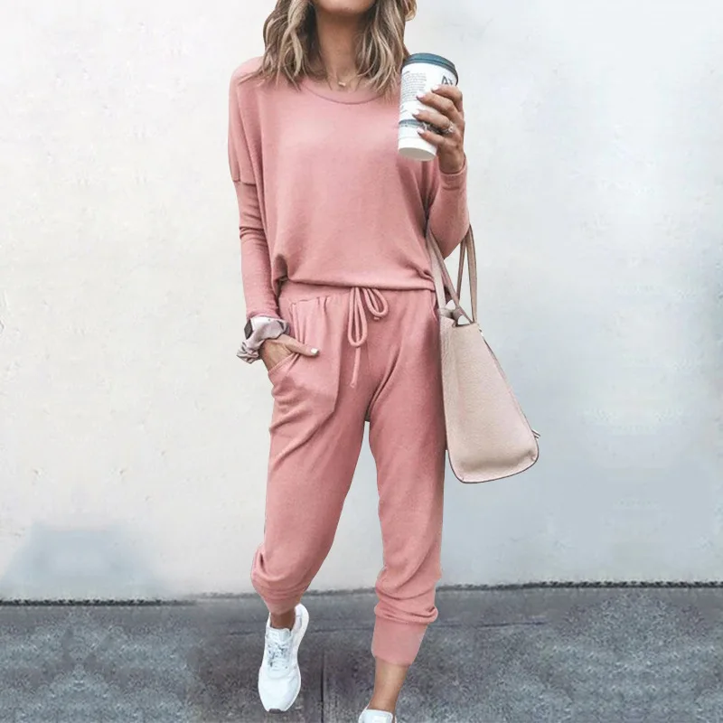 

Women's Casual Solid Long Sleeve Pullover T-shirt And Pencil Pants Set Drawstring Jogger Pant With Pocket Loose Round Neck Shirt