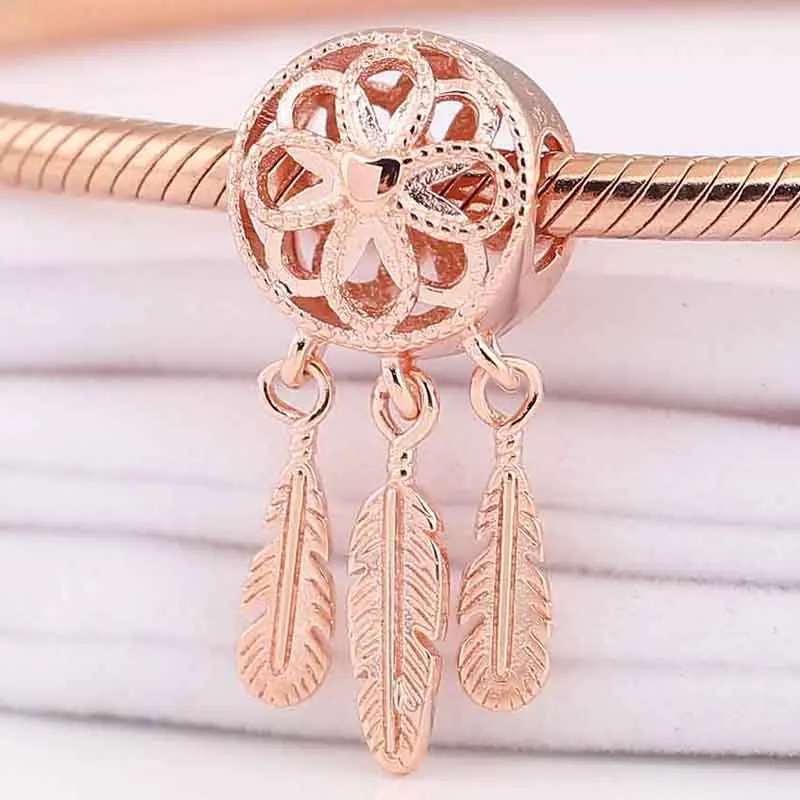 

New Rose Flower Feather Spiritual Dream Catcher Pendant Bead Fit 925 Sterling Silver Charm Bracelet Diy Jewelry