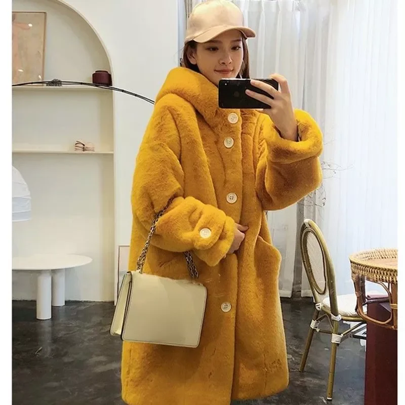 New2022 New Winter Women Faux Rabbit Fur Coat  Loose Long Fur Coat Large Size Hooded OverCoat Thick Warm Female Plush Coats