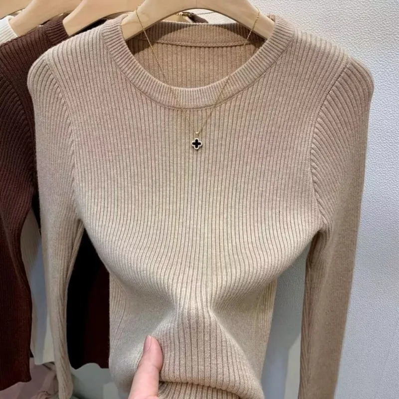 

YEMOGGY Elastic Knit Bottoming Pullover for Autumn/Winter Women's Shirts 2023 New O-Neck Full Sleeves Base Blouse for Female