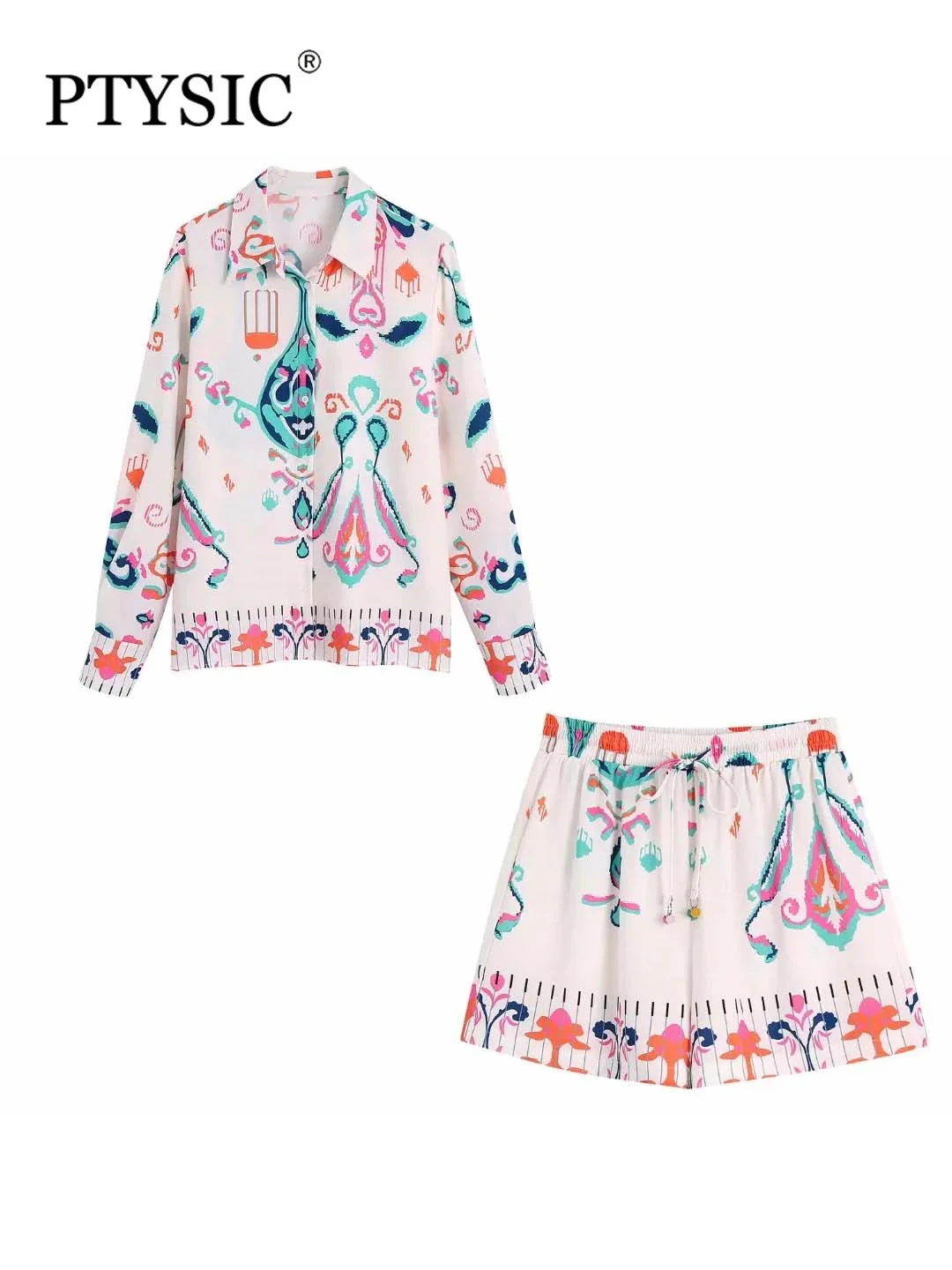 

PTYSIC Women Fashion With Print Buttoned Full Sleeve Shirts Blended Beading Shirring Shorts Skirts 2022 New Casual Co-Ords Sets