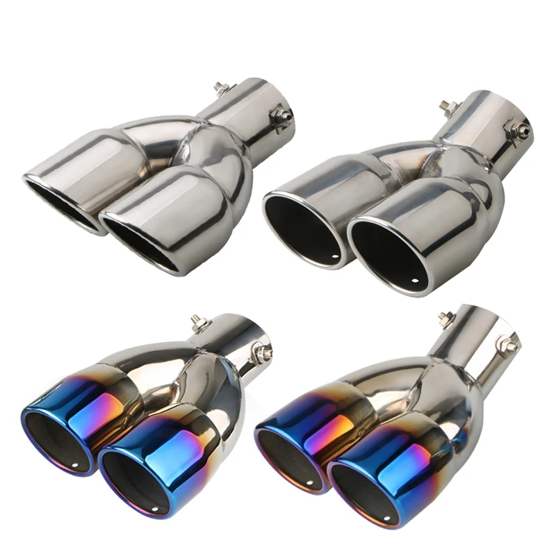 

Double Outlet Pipe Car Exhaust Pipe Burnt Blue Silver Stainless Steel Rear Muffler Tip Tail Throat Car Exterior Accessories