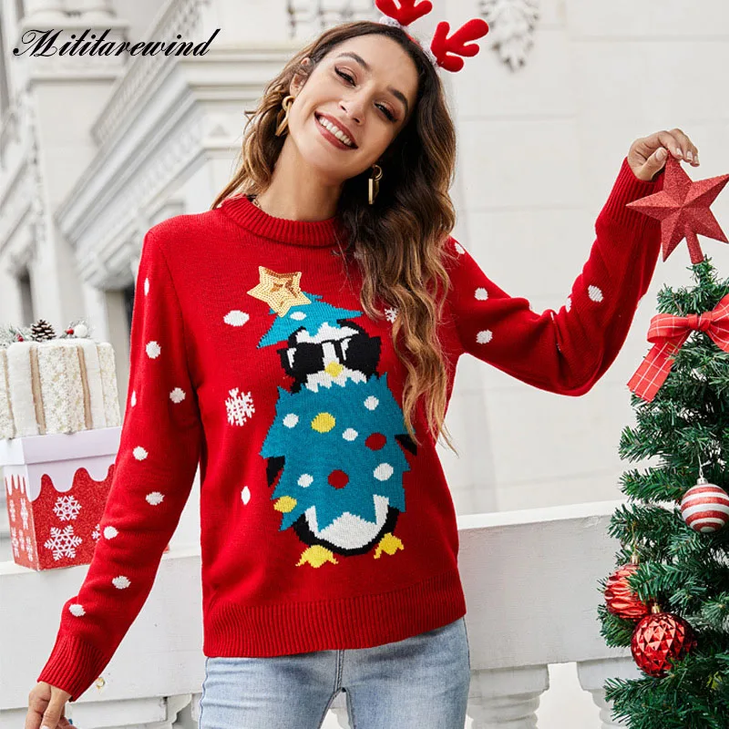 

Fashion Autumn Winter Sweater Girl Clothing Knitted Pullover Animal Graphic Christmas O Neck Loose Knitwear Casual Clothes Top