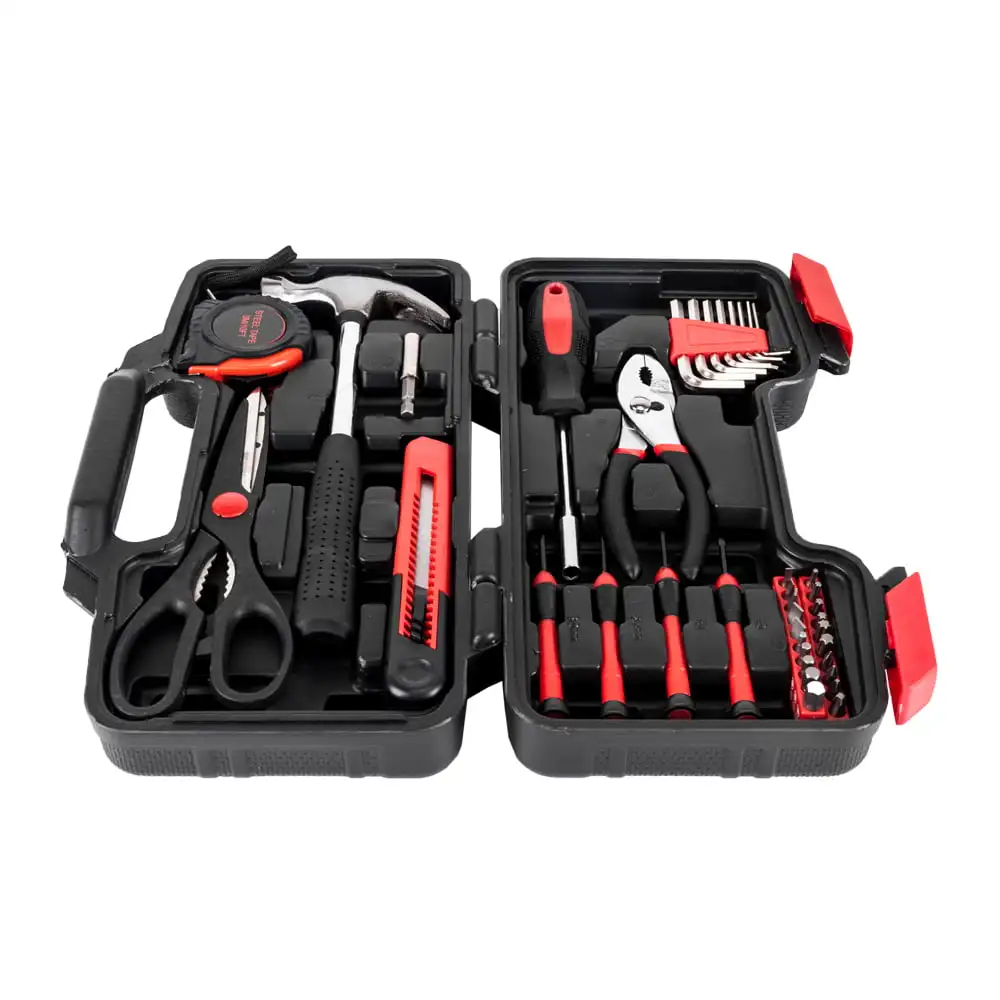 39 pcs Household Hand Tool Set Kit, Includes Tape Measure, Storage Case, Red