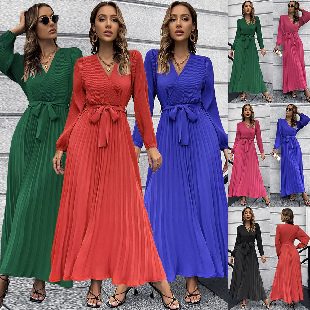 

Fall/Winter 2022 Women's New V-neck Long Sleeve Pleated A-Line Skirt Midi Dress