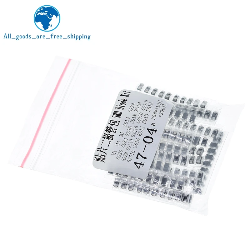 Набор диодов SMD, 200 шт./партия, 20 значений * 10 шт., содержит SS110 SS220 SS210 SS310 SS510 SS16 SS26 SS34 SS36 ES1J ES1D ES1M US1M