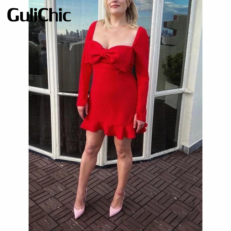 

10.8 GuliChic Women Fashion Elegant Collect Waist Bow Square Collar Slim Red Ruffle Flared Dress Party Banquet