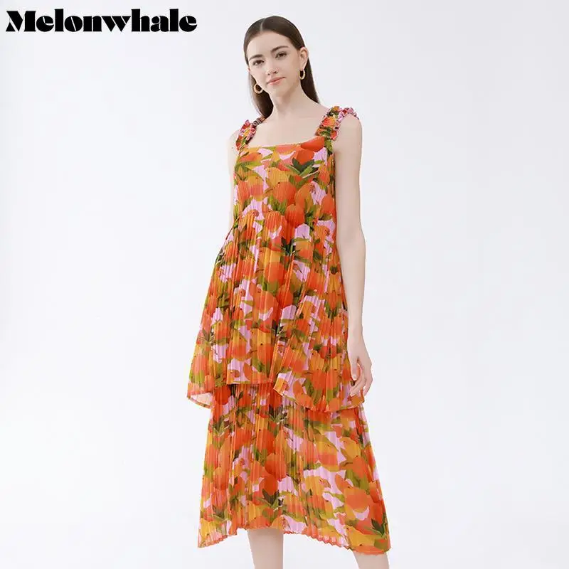 

MelonWhale Floral Printed Pleated Sleeveless Dress for Women 2023 Summer New Square Collar Elegant Causal Female Evening Dresses