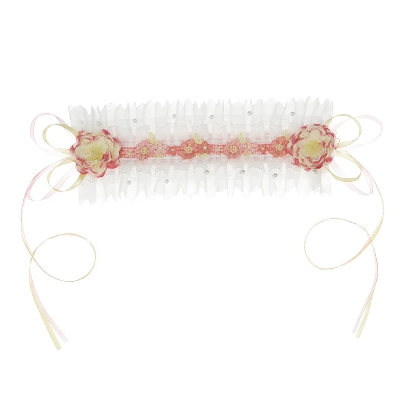 

Girls Ruffled Lace Flower Headwear Multilayered Lace with Ribbon Camellia Headband Maid French Hair Ornaments