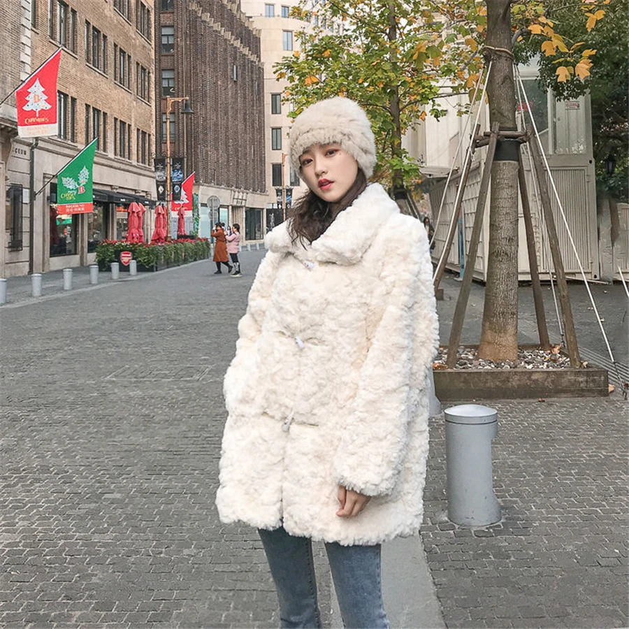 Winter Imitation Lambwool Mink Rabbit Fur Jacket Women Plush Warm Thick Coat Horn Button Furry Soft Outwear Top Sobretudo Casaco