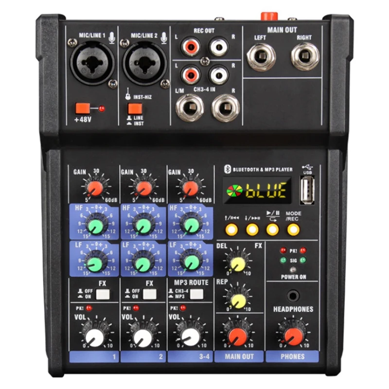 

4 Channel USB Bluetooth 48V Power Stereo Sound Card Audio Mixer Sound Board Console Desk System Interface (US Plug)