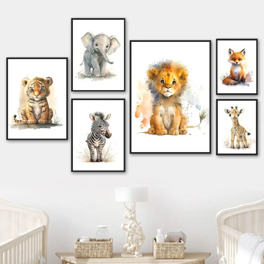Настенная картина со львом тигром зеброй жирафом лисой обезьяной слоном
