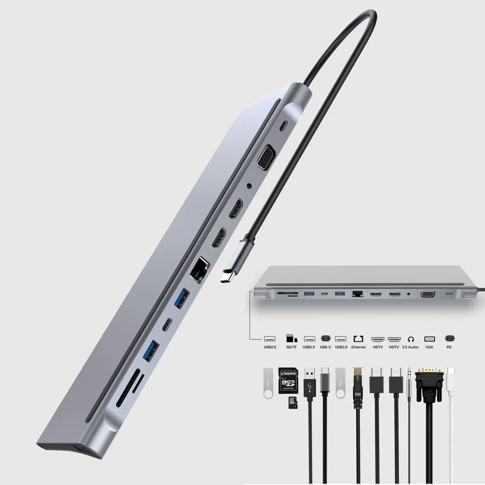 

2022 USB C Hub Type-c to Dual HDMI-Compatible VGA Multi USB Lan Ethernet 3.5mm PD Charger SD TF Adapter For Macbook Air