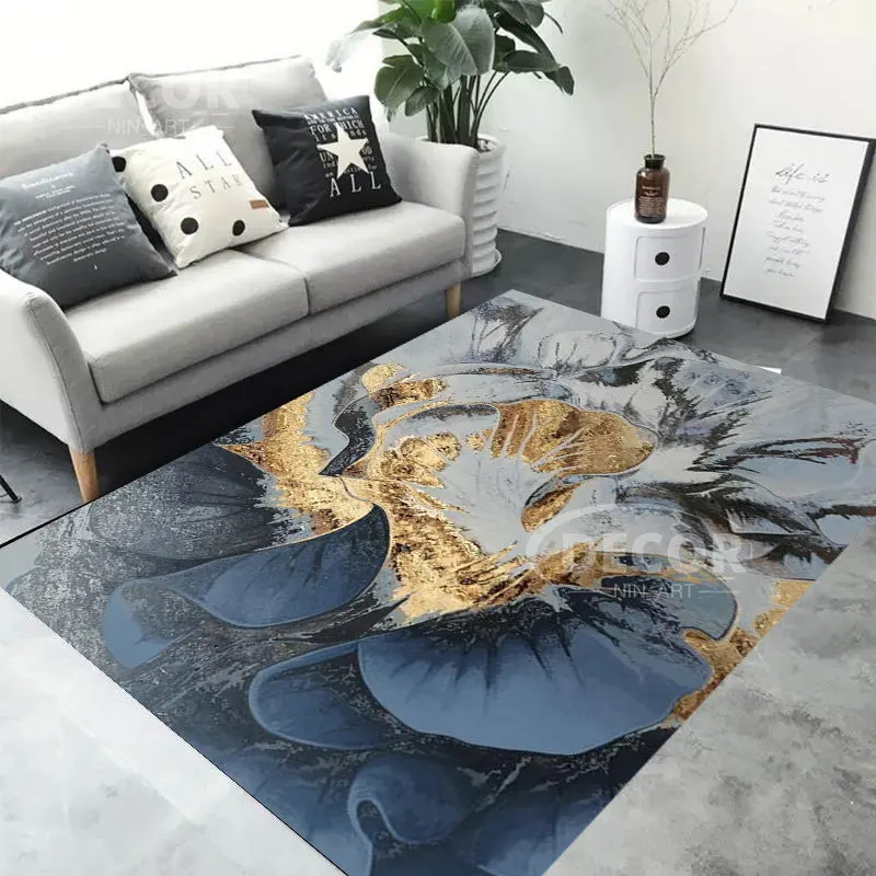 

Modern Nordic Blue Gold Flannel Carpet Abstract Flower Coffee Table Floor Mat for Living Room Entrance Bedroom Bedside Rugs