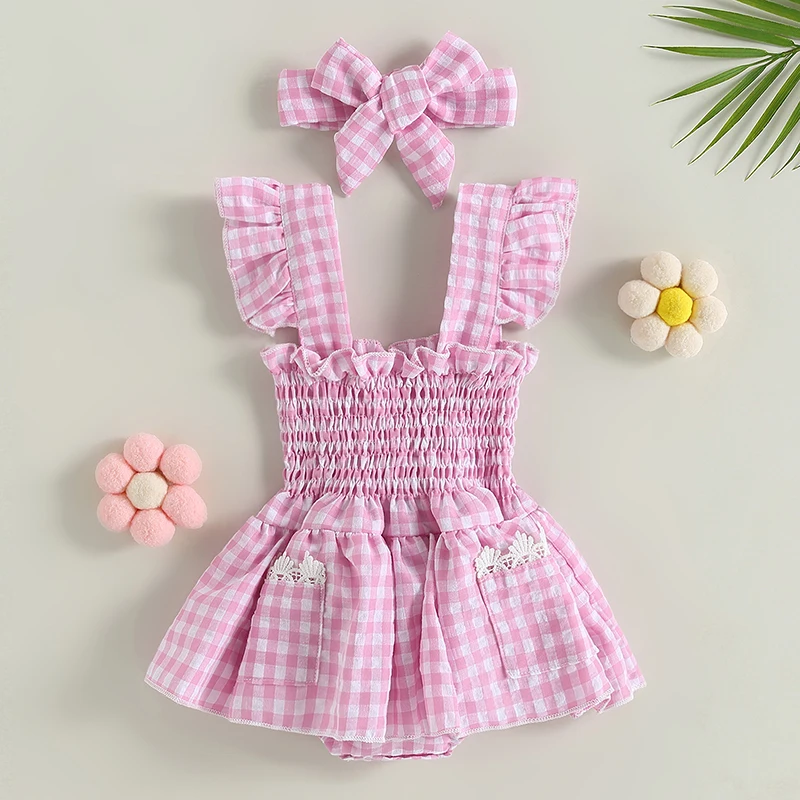 

Комбинезон для маленьких девочек, платье с карманами, летний клетчатый повседневный комбинезон с рукавами-фонариками и оборками и кружевным верхом для новорожденных, комплект с повязкой на голову