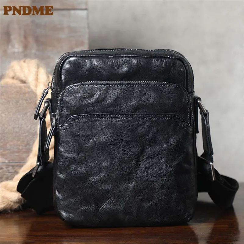 PNDME casual vintage genuine leather men's black shoulder bag simple daily pleated luxury real cowhide small messenger bag