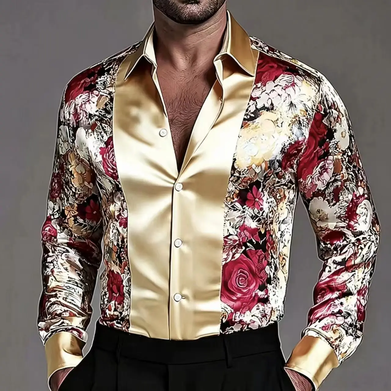 Фото Мужская модная рубашка Slim Fit с контрастным атласным полосатым цветочным узором, элегантная и удобная, высококачественный повседневный топ №5