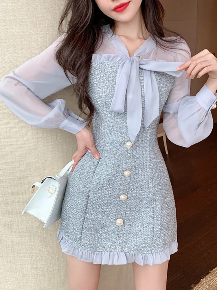 

New Spring Vintage Sexy See-through Chiffon Patchwork Tweed Mini Dress Women Ribbon Bow Single-breasted Long Sleeve Party Dress