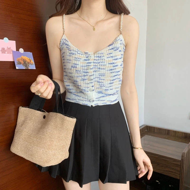 

Chic Pearl Straps Vest Sweet Girls Knitted Crop Tanks Tops French Style Y2K Clothes for Women Sexy Tie Dye Camis Outwear Shirts
