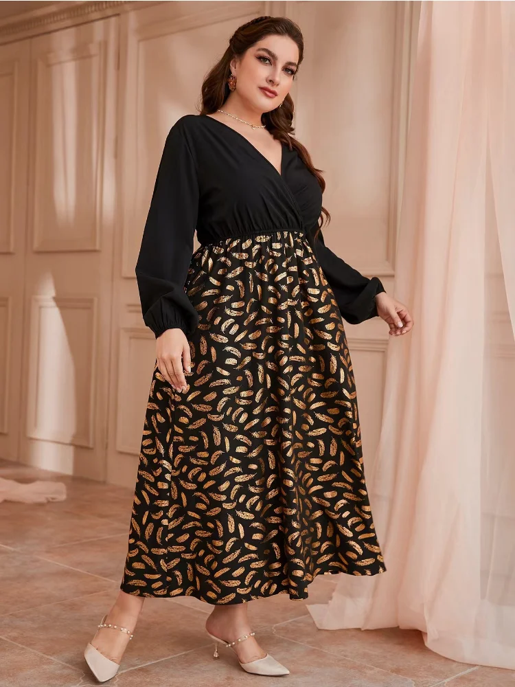 High-waisted temperament commuting long skirt pullover gilded print sexy V-neck dress for women plus size women clothing