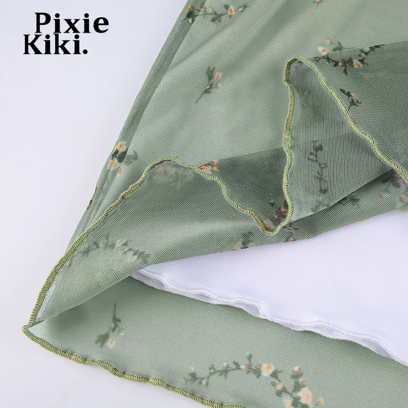 Зеленые сетчатые мини-юбки PixieKiki с цветочным принтом и высокой талией одежда Y2k